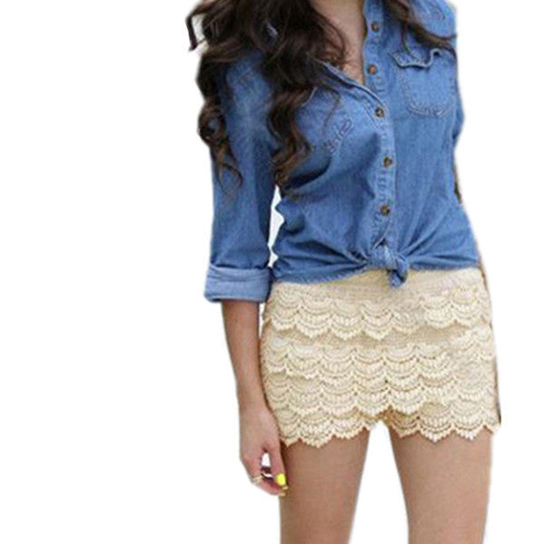 Plus Size S M L XL XXL Fashion Womens Shorts Sweet Style Lace Crochet Elastic Waist Slim Short Pants
