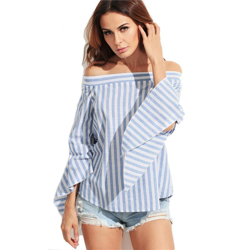 Sheinside Ladies Blue and White Striped Off The Shoulder Split Sleeve Tops Women Fashion Shirt Blouse