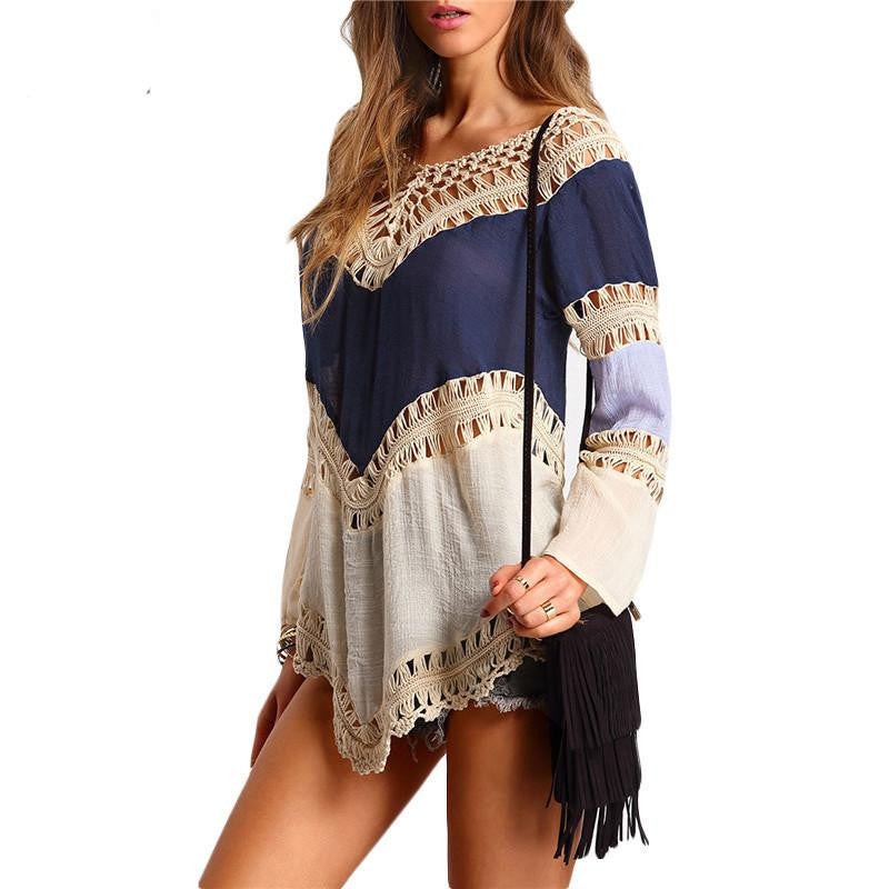 Woman Tops Female Casual Shirt Colour-block Hollow Out Long Sleeve Crochet Loose Blouse