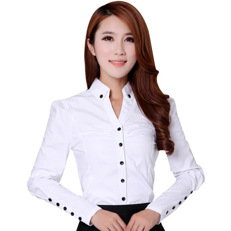 Elegant Women Career White Shirts Size S-2XL Long Sleeve Button Design Clothing Office Classic Lady Casual Blouses
