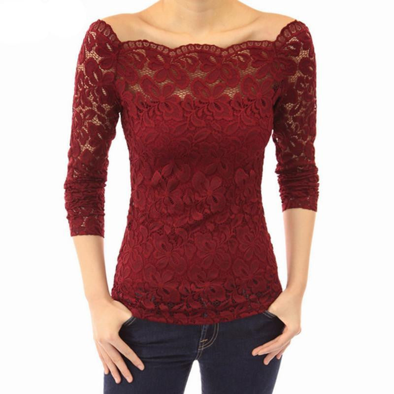 Lace Blouse Women Off Shoulder Slash Neck Crochet Solid Shirts Long Sleeve Slim Casual Tops Plus Size