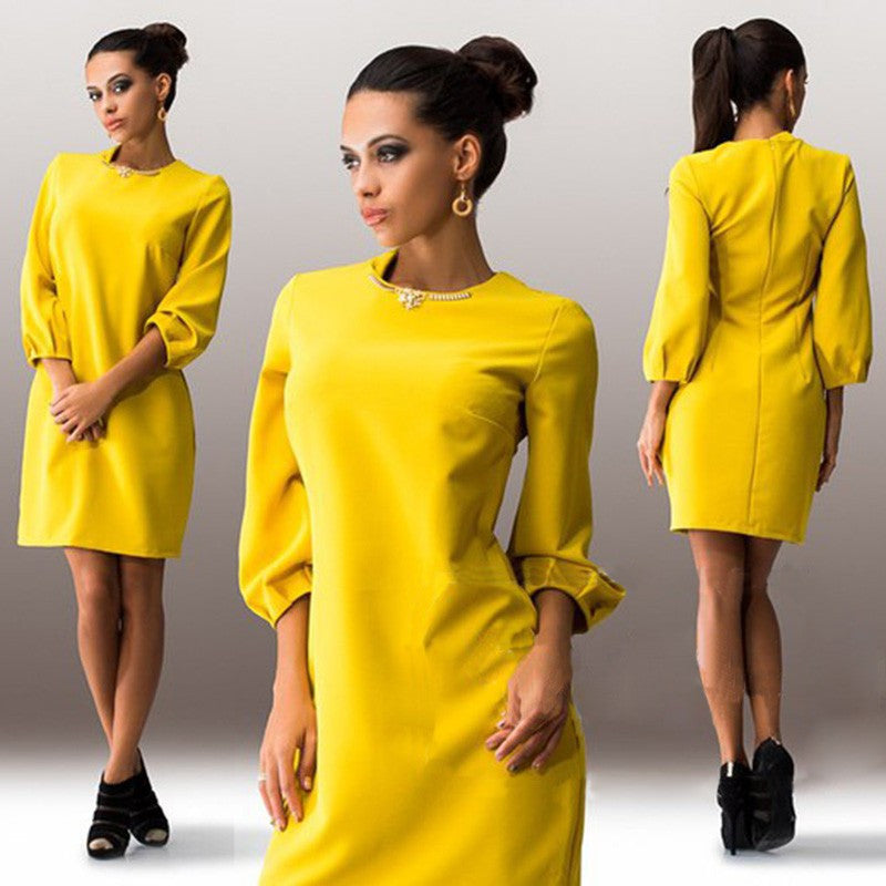female Mini dress women Casual dress Straight Lantern Sleeve solid color o-neck Three Quarter dress LQ8903E