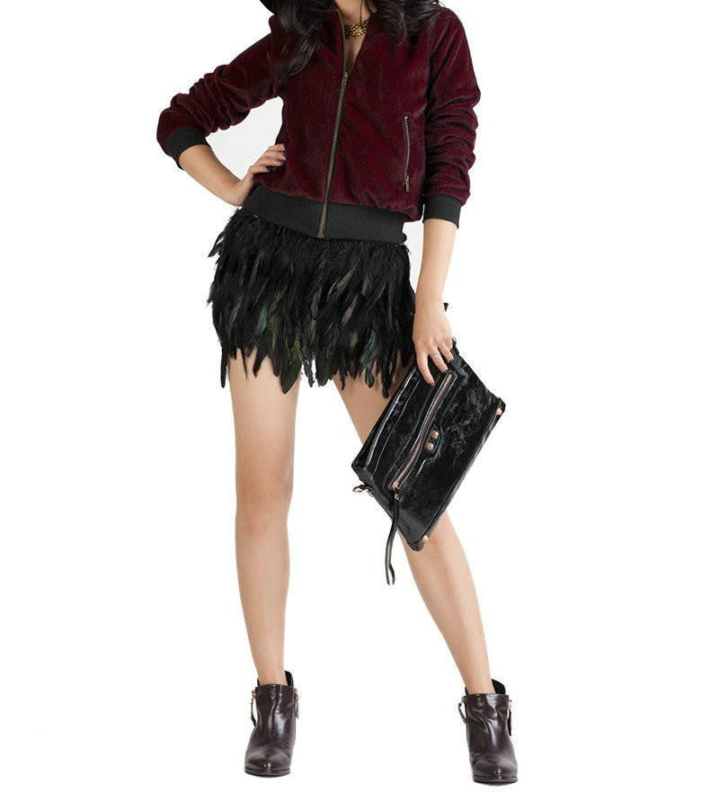 Women Black Feather Mini Skirt Elastic Waistband One Size