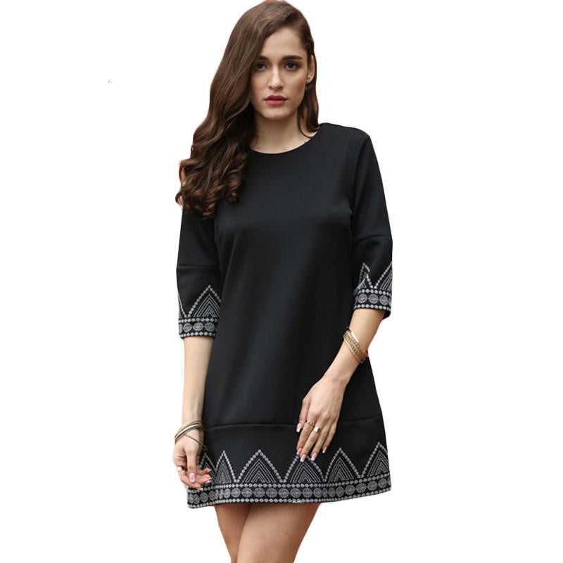 SheIn Women Style Summer Dresses Vintage Clothes Black Round Neck Half Sleeve Embroidered Loose Casual Dress