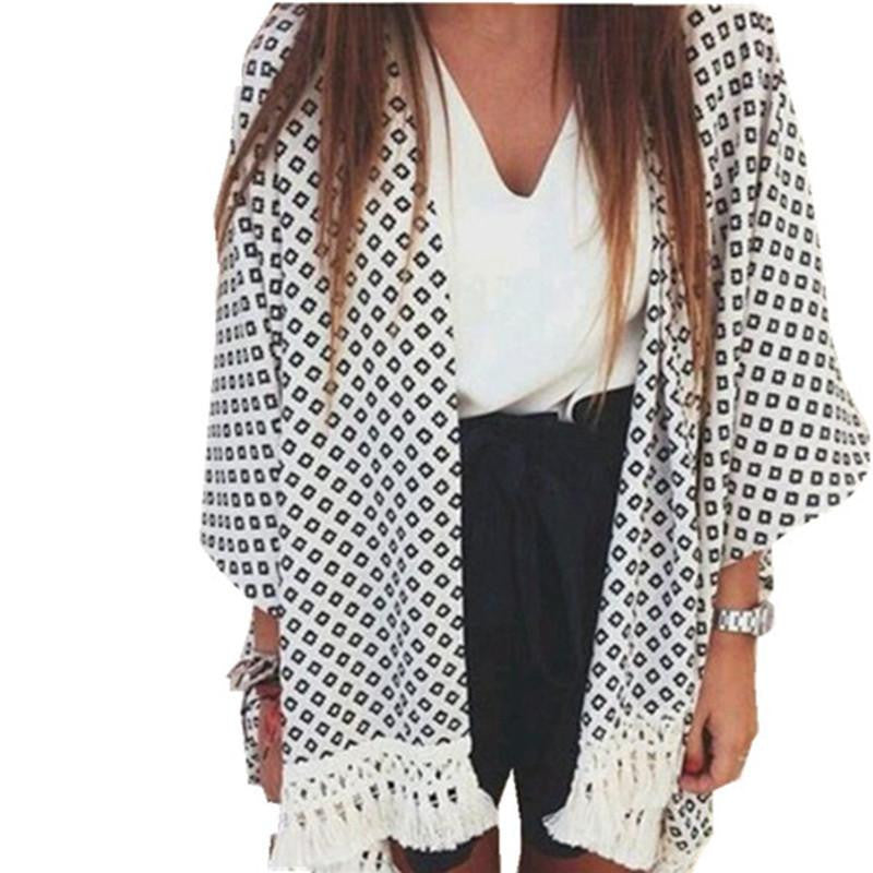 Women Tassel Vintage Plaid Printed Cardigan Casual Loose Batwing Sleeve Tops Blouses