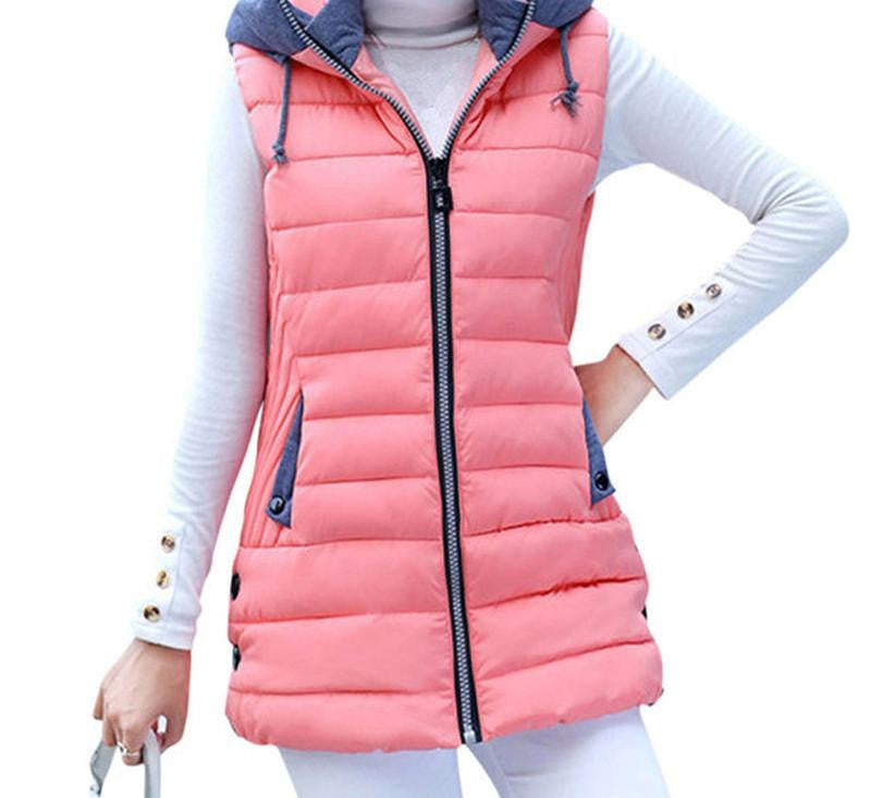 Warm Vest Women Long Hooded Waistcoat Pockets Patchwork Slim Coats Vests