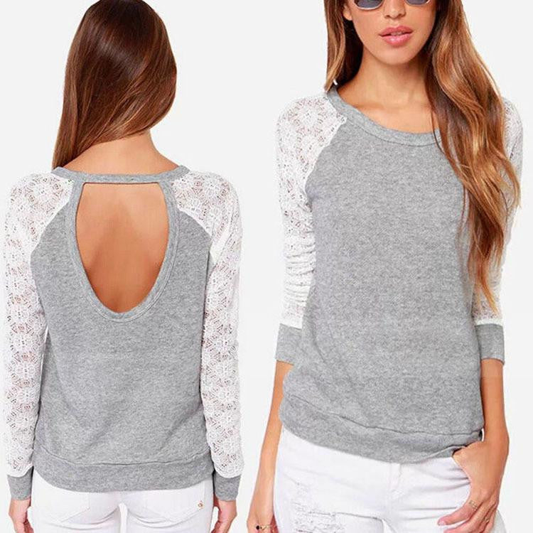 Women Backless Long Sleeve Embroidery Lace Crochet Shirt Top Blouse Grey
