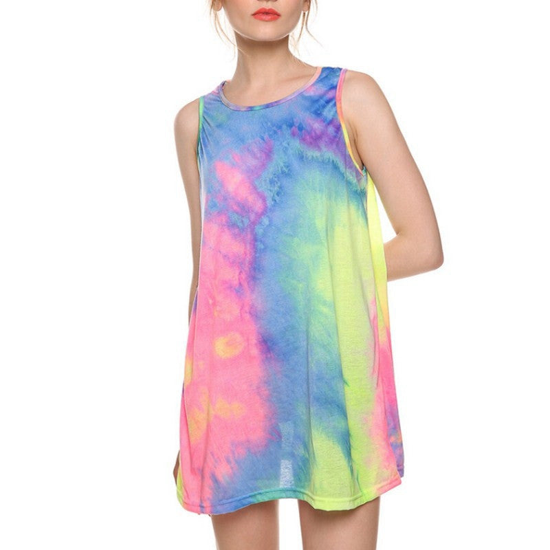 S-6XL Women Summer Dress Sleeveless Colorful Rainbow O-neck Casual Mini Nightclub T-shirt Dress Sundress Plus Size Vestidos