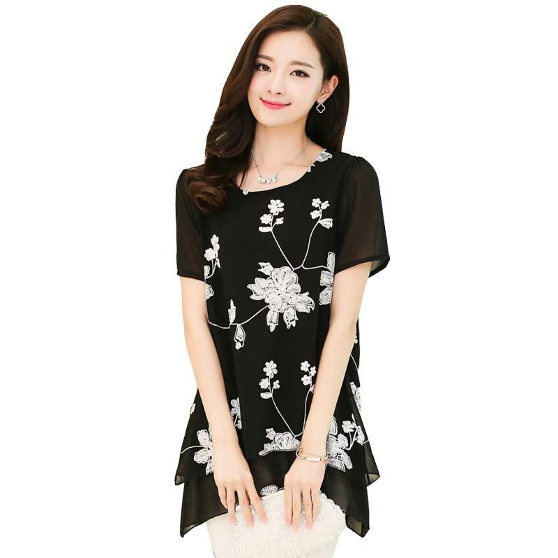 Women Blouses Casual Short Sleeve Embroidery Chiffon Women Tops Plus Size shirts