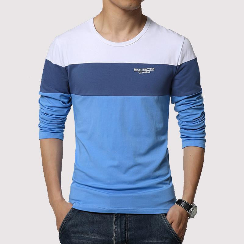 solid color stitching round neck long-sleeved sleeve Men's T-Shirt