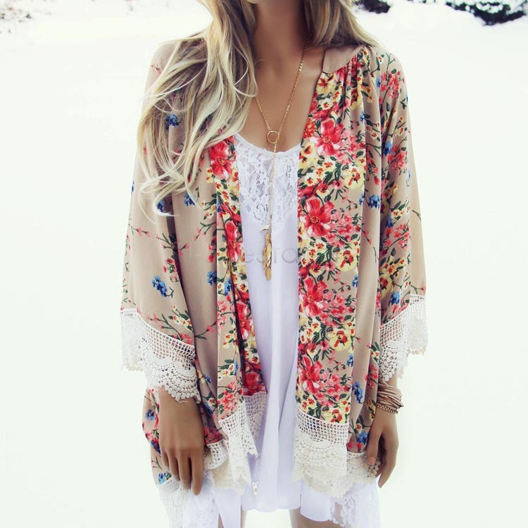 Online discount shop Australia - Blouses Floral Pattern Printed Lace Cardigan Fashion Women Blouse Shirt Batwing Sleeve