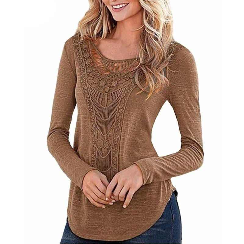Women Blouses Long Sleeve O Neck Hollow Out Casual Slim Fit Shirts Leisure Solid Tee Tops Plus Size