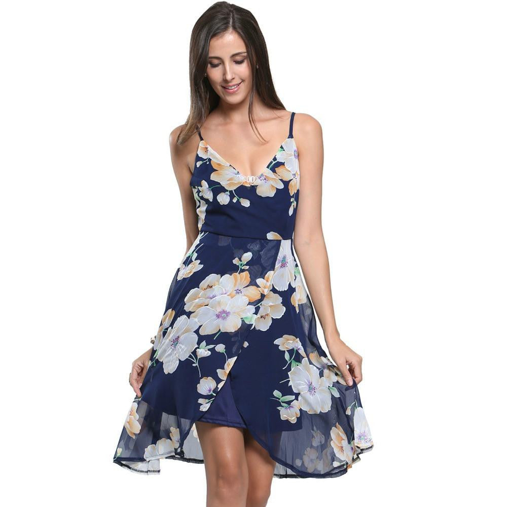 Women Navy Floral Print V Neck Wrap Front Cross Backless Asymmetric Dress Summer Fashion A Line Chiffon Beach Dresses