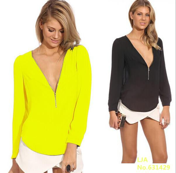 Fashion V Neck Long Sleeve Zipper Chiffon Blouses Women work wear Tops 6 Color Solid