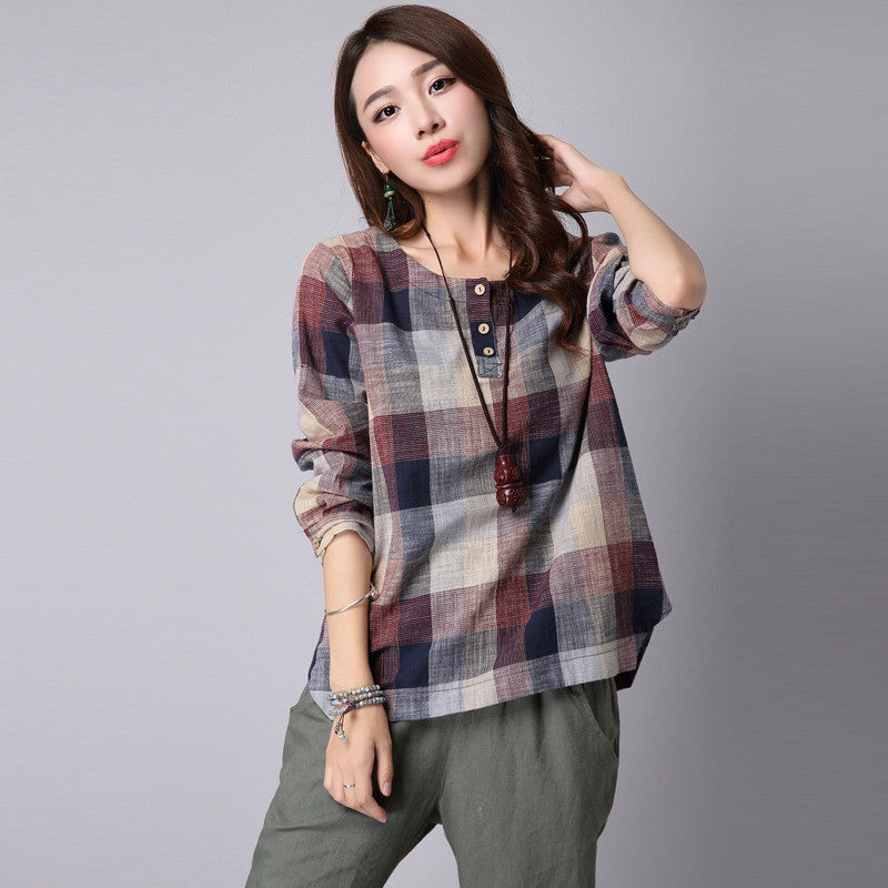 Fashion Roune Collar Classic Case Grain Cotton Linen Hitting Scene Loose Long-sleeved Shirt Women Clothing 154D