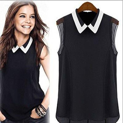 Women Loose Casual Chiffon Sleeveless Vest Shirt Tops Blouse Black White