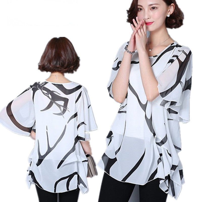 Online discount shop Australia - Bat shirt half Sleeve Chiffon Shirts Women printed Tops Long shirt White Blouse  style large plus Size XXXXXL DT228