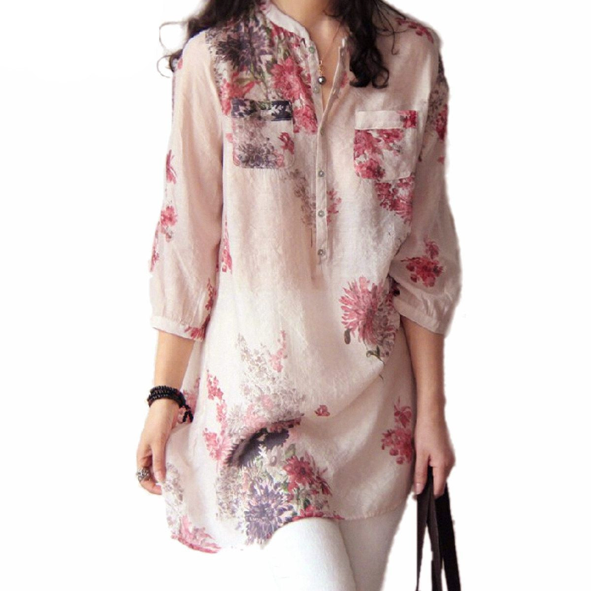 Online discount shop Australia - Fashion  Women Blouses Linen Blouse Casual Floral Print Long Blouse Tops Shirt Plus Size 5XL