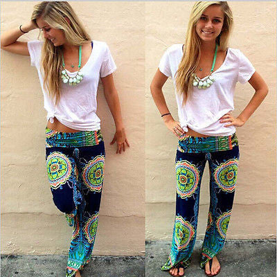 Blue Ladies Women's Fashion Floral Print Harem Pants Women Beach Clothing Loose Elastic Waist Trousers Casual Beach Pants