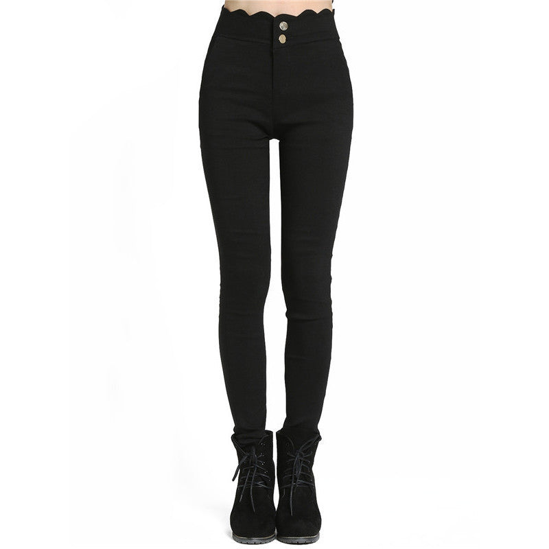 Online discount shop Australia - Long Trousers Women's Fashionable Pockets Button Fly Black Scalloped Skinny Pants