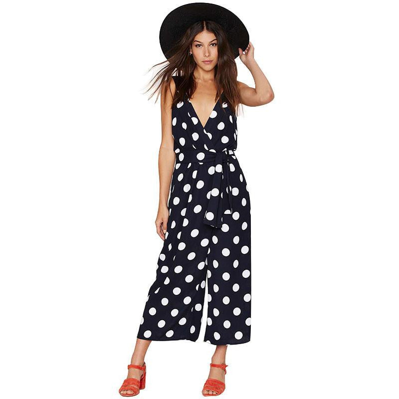Women v-neck Backless Jumpsuits Dot Print Waisted Lady Rompers