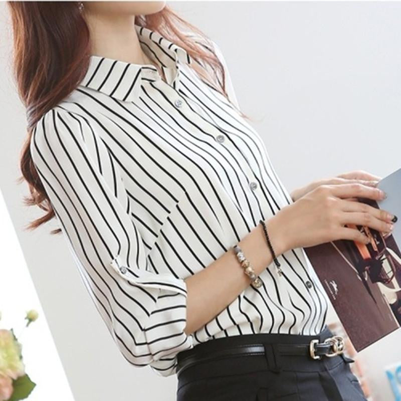 Women Blouses Long Sleeve Office Lady Elegant Striped Shirts Women Chiffon Tops