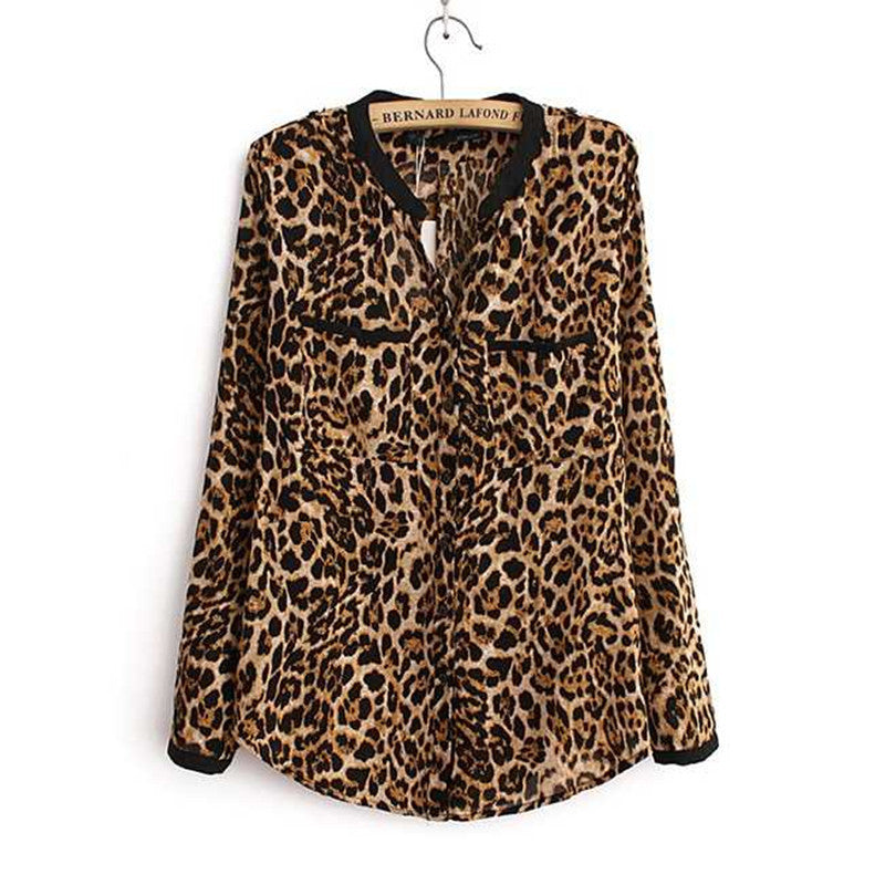 Online discount shop Australia - Leopard Print Chiffon Women Lady Sexy Long-sleeve Top Shirt Loose Plus Size V neck Leopard Blouse Clothing