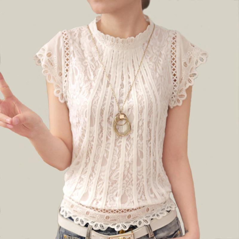 Women Fashion Plus Size Crochet Hollow out Lace Blouse Short Sleeve White Black Slim Tops Shirts