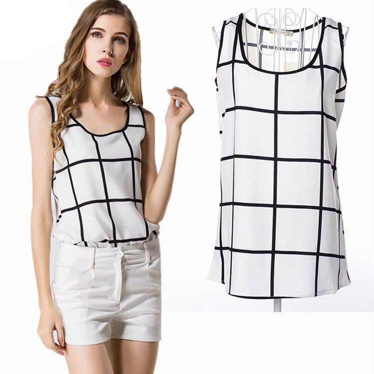 Women Blouses Chiffon O-Neck Sleeveless Black And White Plaid Shirt Tops Plus Size