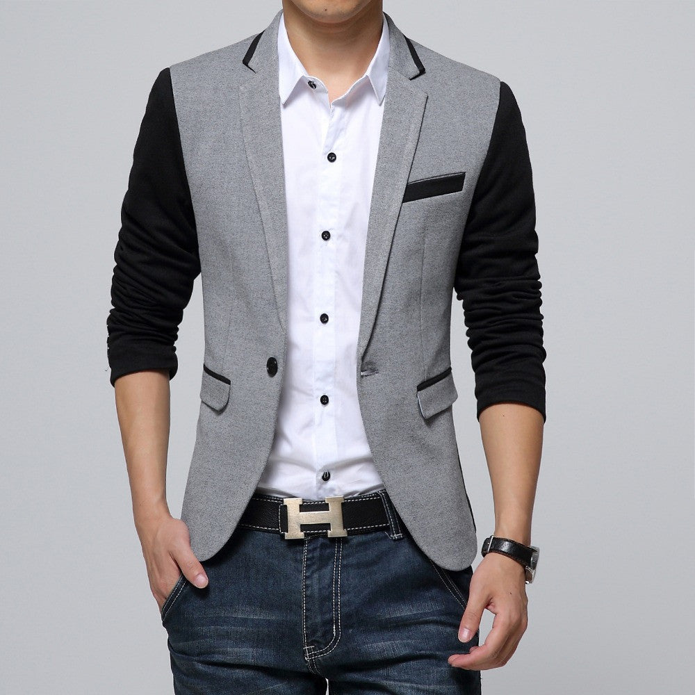 Slim Fit Casual jacket Cotton Men Blazer Jacket Single Button Gray Mens Suit Jacket Patchwork Coat Male Suite