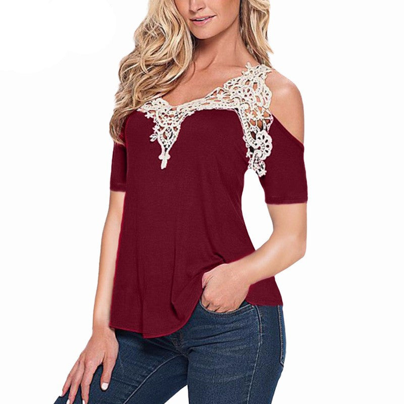 Online discount shop Australia - Lace Patchwork WomenSexy Blouse Off Shoulder V Neck Shirt Ladies Long Sleeve Plus Size Tee Tops