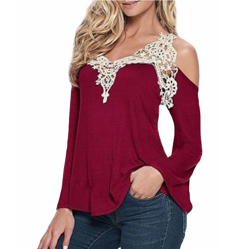 Online discount shop Australia - Lace Patchwork WomenSexy Blouse Off Shoulder V Neck Shirt Ladies Long Sleeve Plus Size Tee Tops