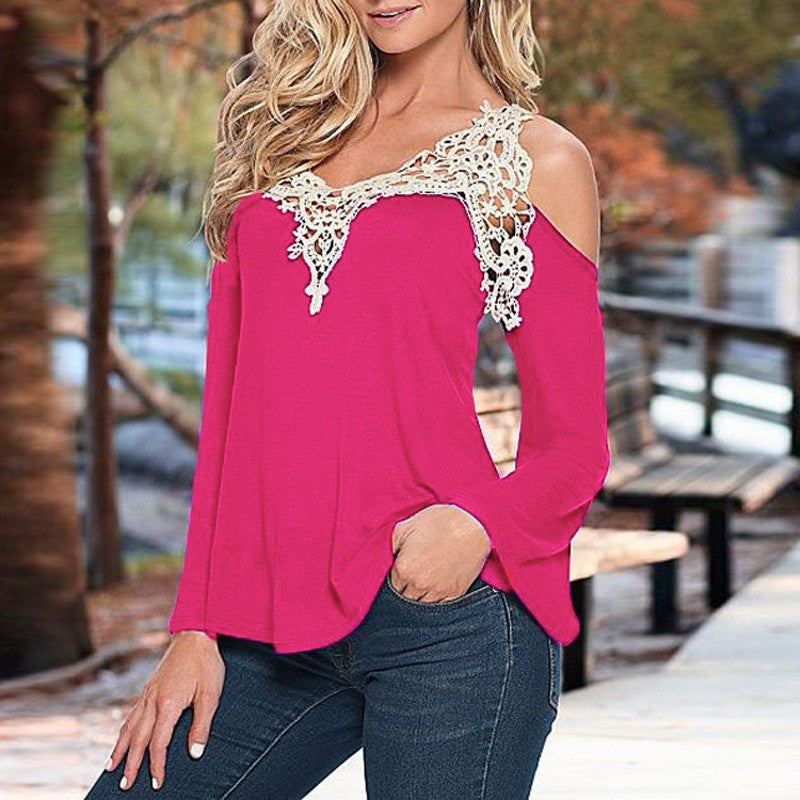 Online discount shop Australia - Lace Patchwork WomenSexy Blouse Off Shoulder V Neck Shirt Ladies Long Sleeve Plus Size Tee Tops