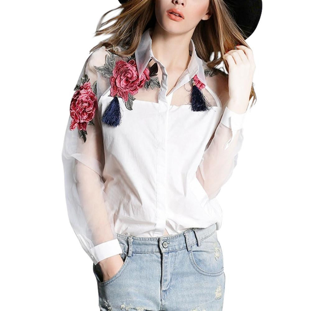 ing Zanzea Fashion Women Elegant Flower Embroidery Organza Casual Mesh Blouse Tops Plus Size