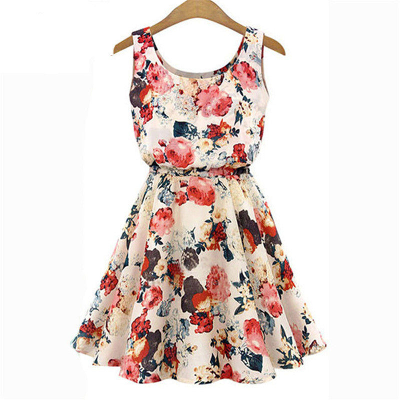 Online discount shop Australia - Brand Fashion Women New Apricot Sleeveless O-Neck Florals Print Pleated Saias Femininas Summer Clothing Dresses