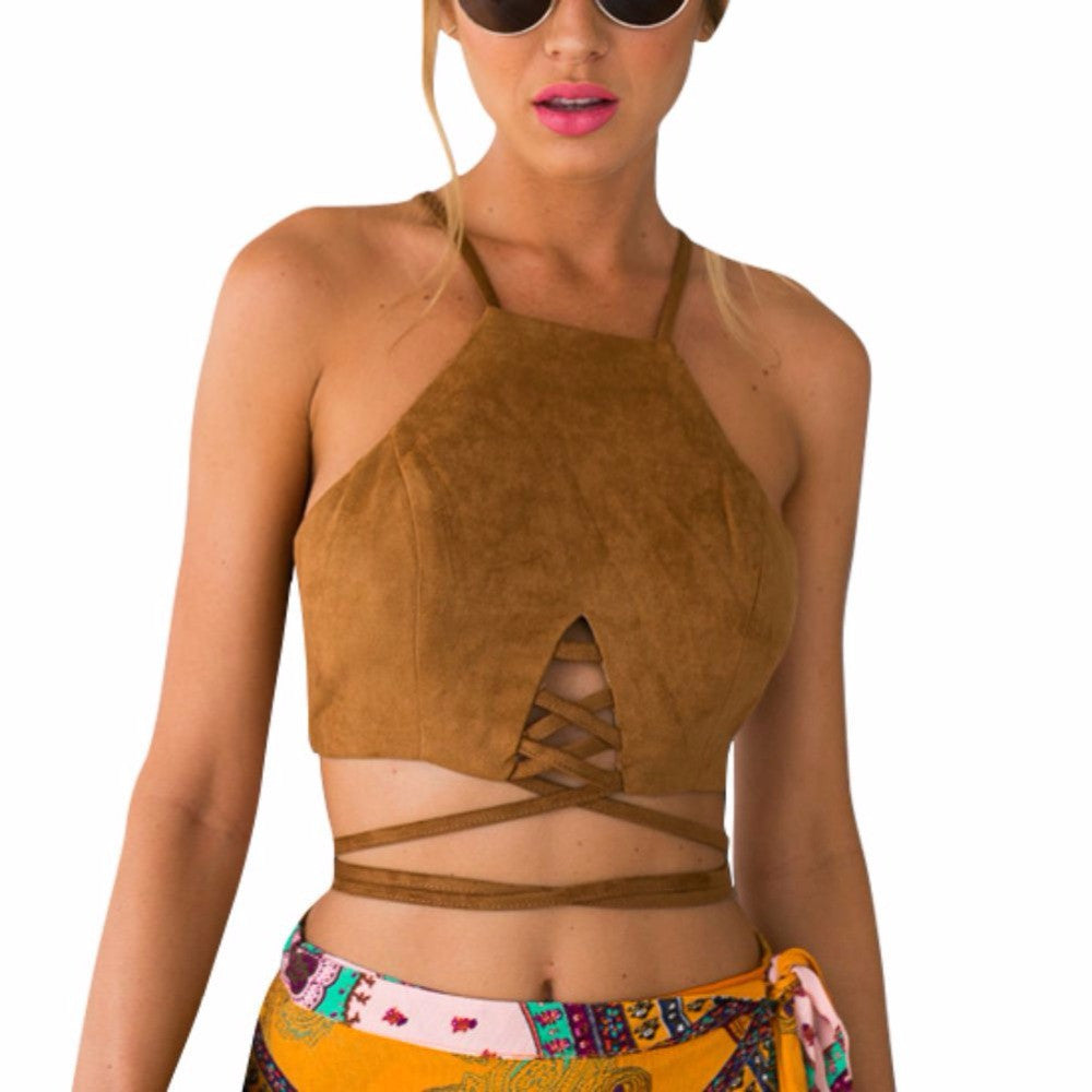 Online discount shop Australia - Brown Faux Leather Suede Tank Top Sexy Lace Up Camis Women Tops Slim Cami Party Crop Top Fall Vest
