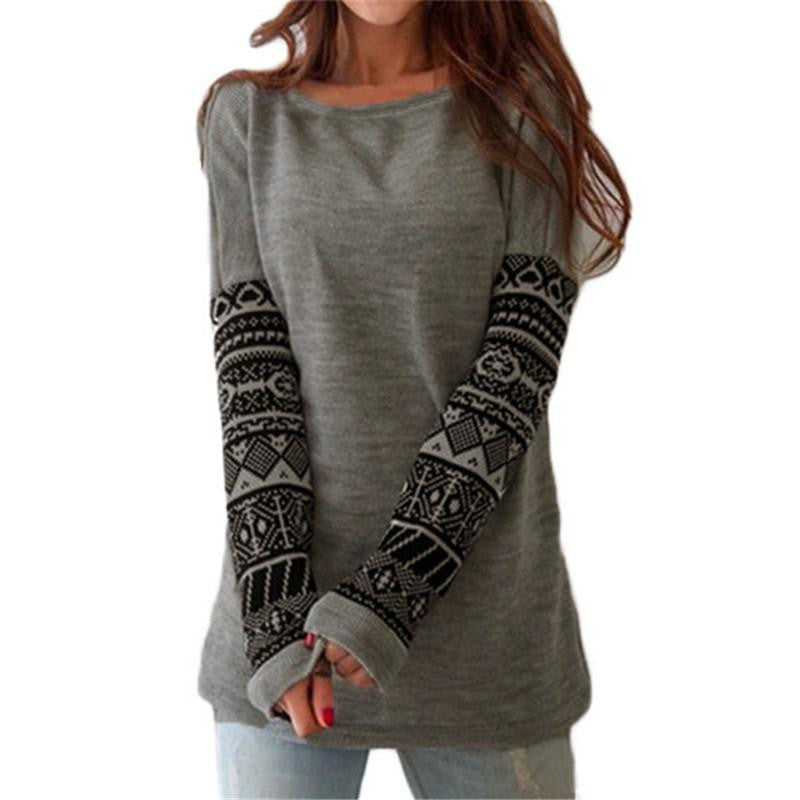 Women Fashion O Neck Printed Long Sleeve Loose Casual Tops Pullover Plus Size S-5XL