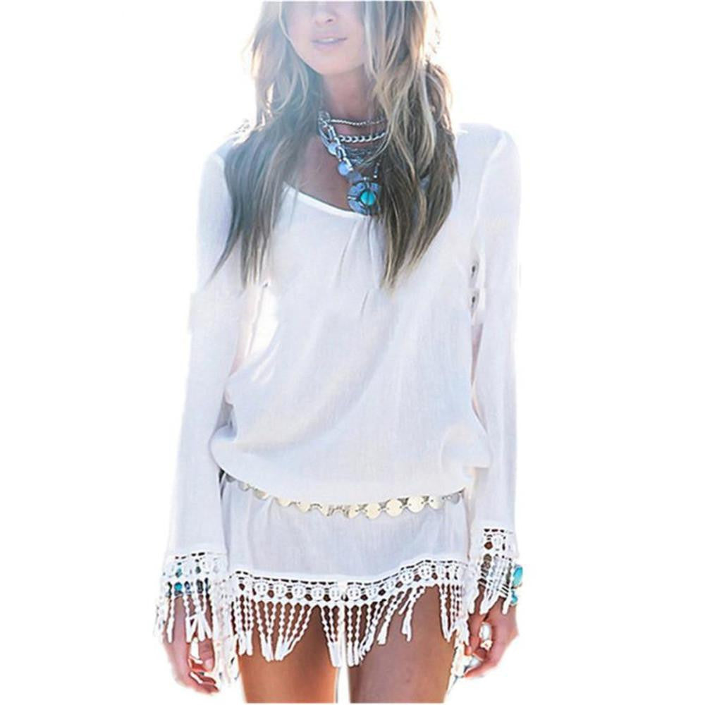 Women Mini Short Chiffon Dresses Boho Beach Fringe Tassel Loose Sheer Vestidos Women