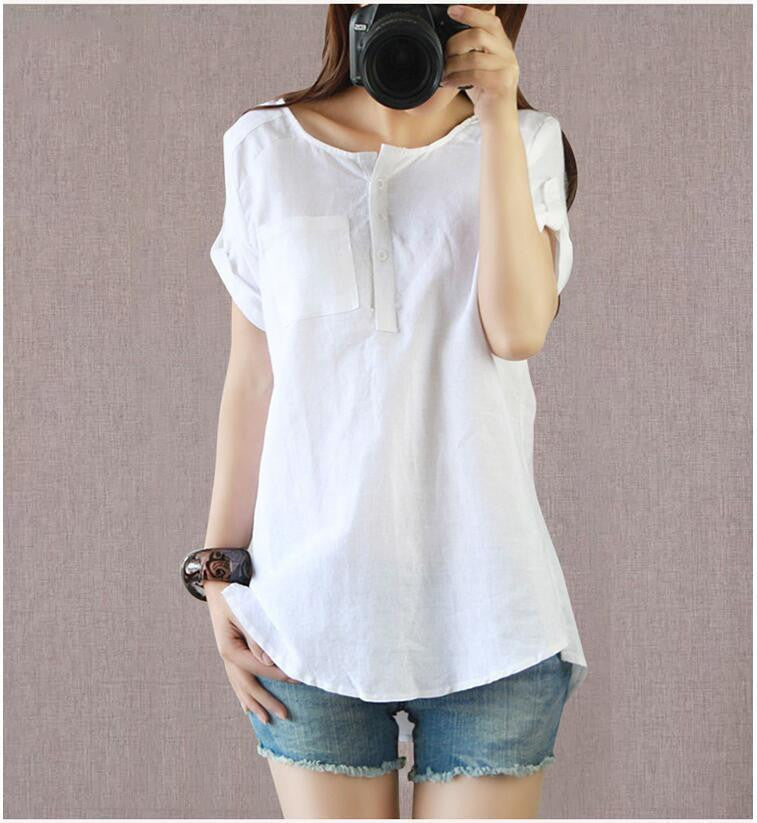 Women Blouses Linen Shirt Women Tops O-neck Short Sleeve Blouse Shirt