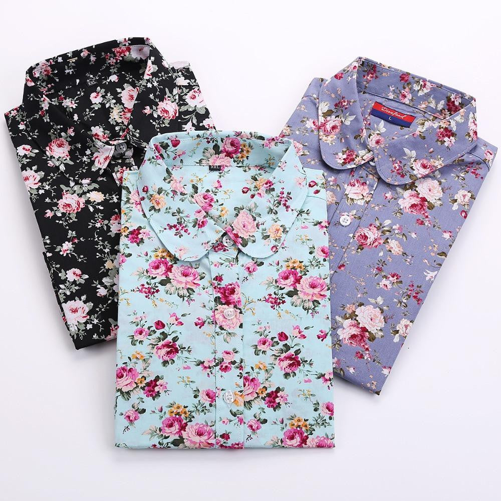 Vintage Women Shirts Long Sleeves Cotton Blouses Turn Down Collar Floral Shirts Fashion Women Shirt Tops