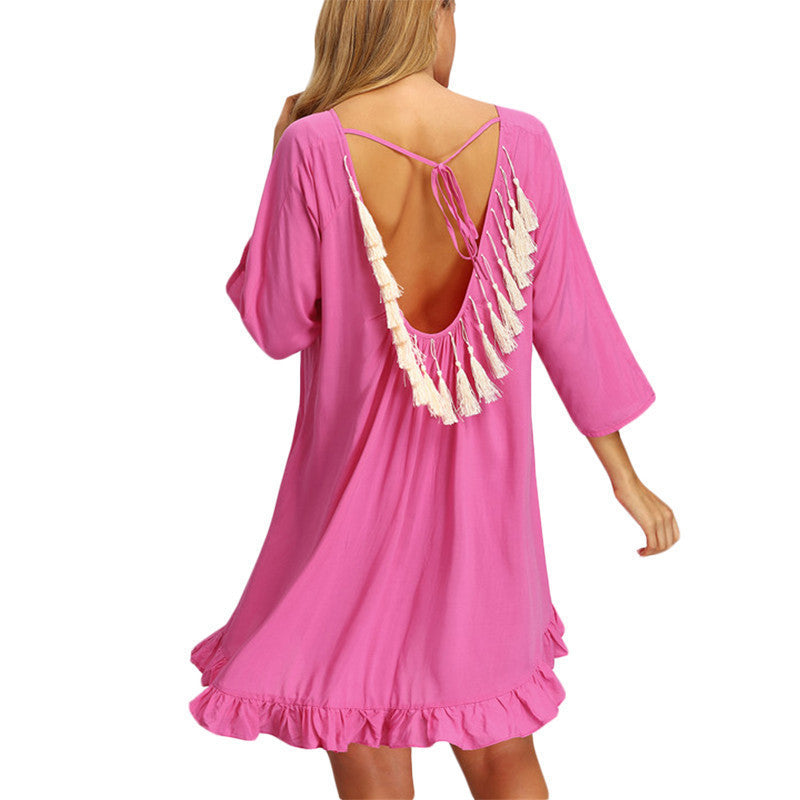 Online discount shop Australia - Ladies Ruffle Backless Dresses Casual New Summer Crew Neck Long Sleeve Rose Red Flounce Hem Fringe Backless Dress