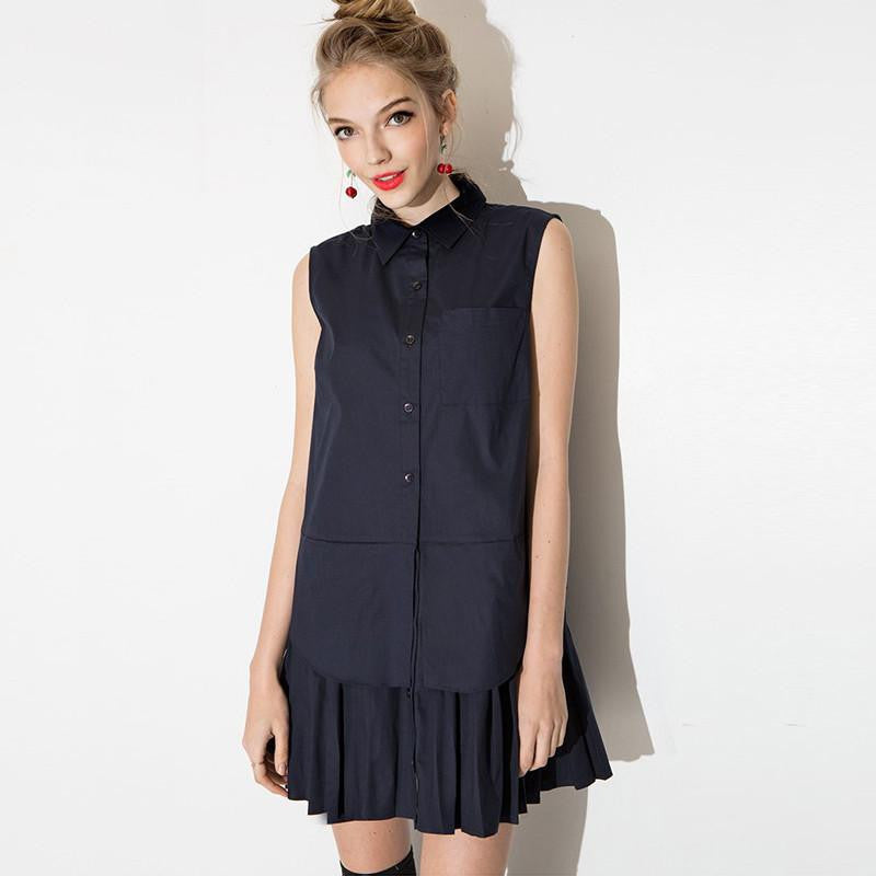 Summer preppy style layered pleated spliced shirts dress women