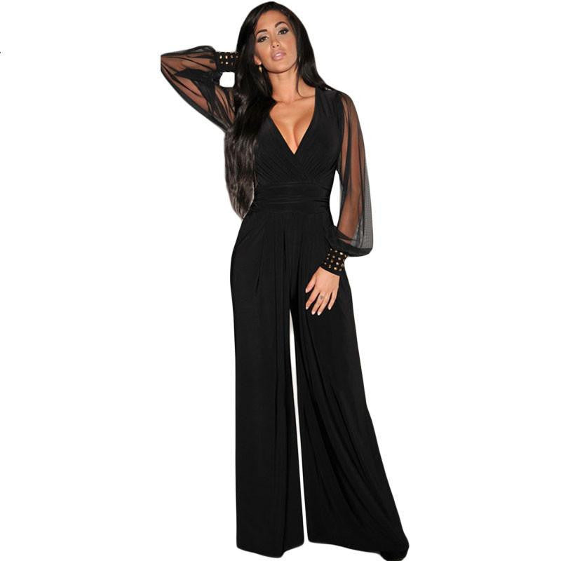 Womens rompers Club Party plus size XXL Black Embellished Cuffs Long Mesh Sleeves Jumpsuit