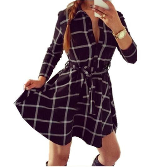 Online discount shop Australia - Explosions Leisure Vintage Dresses Autumn Fall Women Plaid Check Print Spring Casual Shirt Dress Mini Q0035