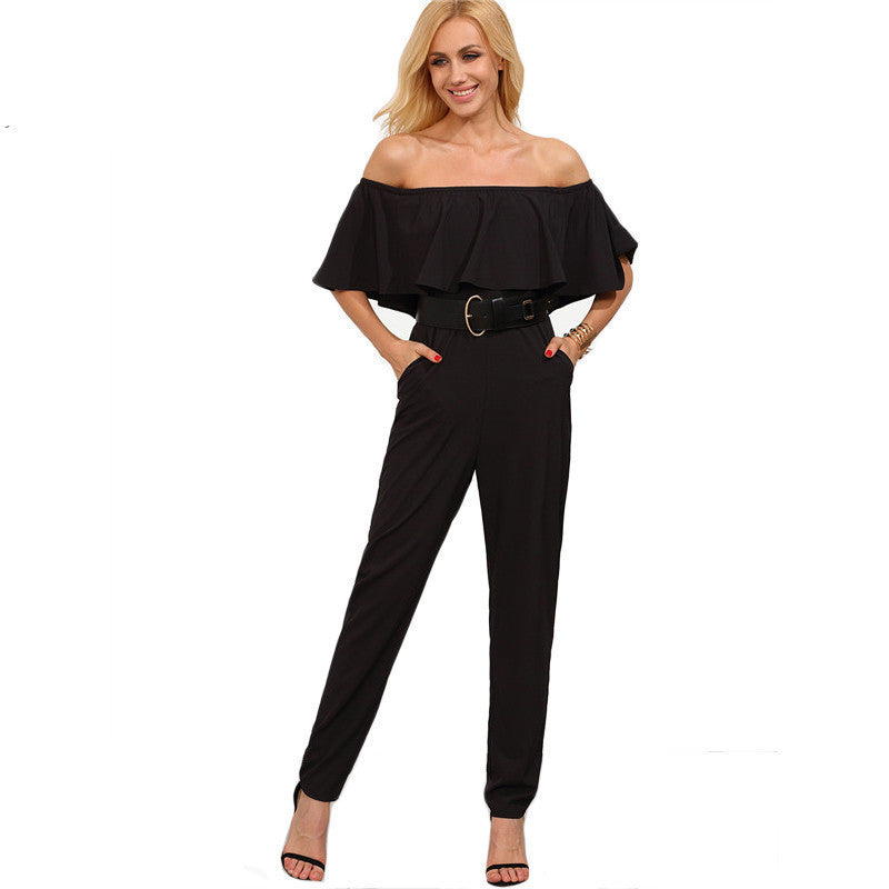 Female Fashion Clothing Plain Black Off The Shoulder Twin Pocket Ruffle Half Sleeve Jumpsuit