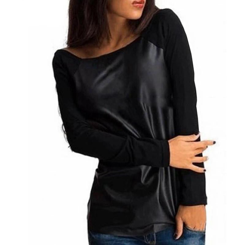 Women Personality Shirts Long Sleeve PU Leather Patchwork Blouses Fashion Casual Loose Tops Plus Size S-XL