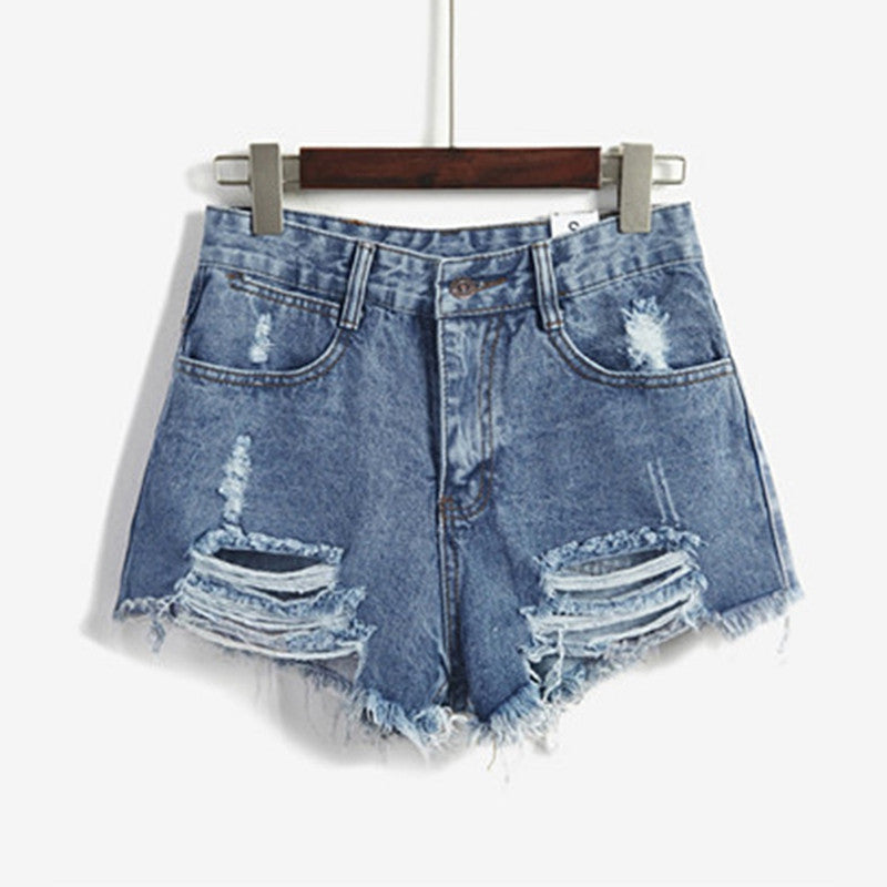 Online discount shop Australia - Female Blue High Waist Denim Shorts Women Worn Loose Hole Shorts