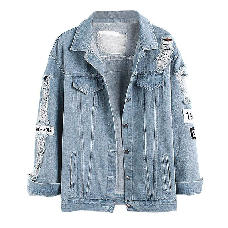 Online discount shop Australia - Daylook Light Blue Letter Patch Ripped Pockets Denim Coat Women Casual Style Fashion Wear Plus Size S-XL