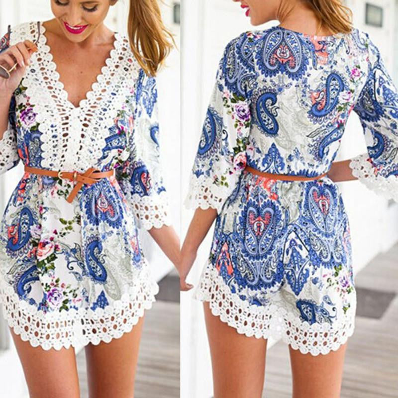 Lace Crochet Boho Beach Dress Floral Chiffon Shirt Blouse Sundress