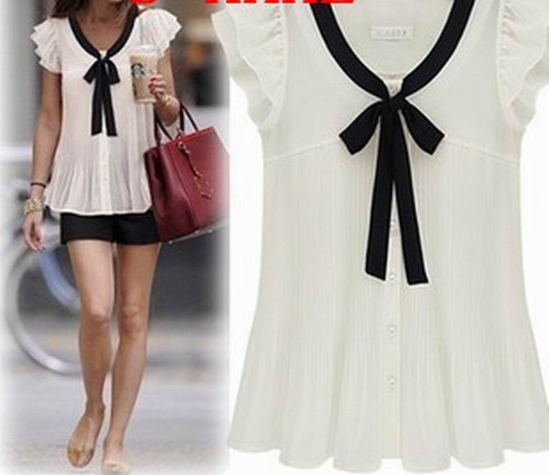 Online discount shop Australia - Fashion women blouse Women's Short-sleeved Shirt Chiffon Bow blouses Clothes Women Clothing